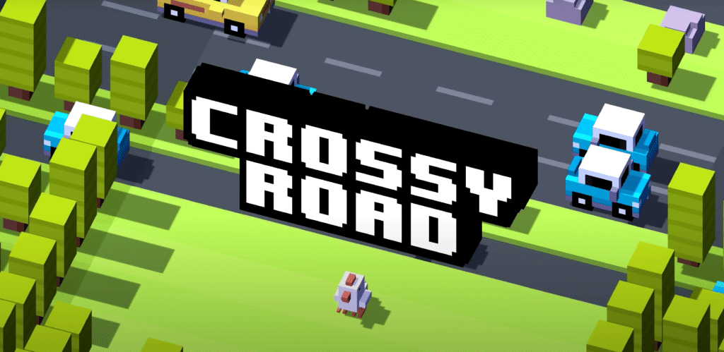 Crossy Road game with a pixelated chicken crossing roads, featuring endless offline gameplay